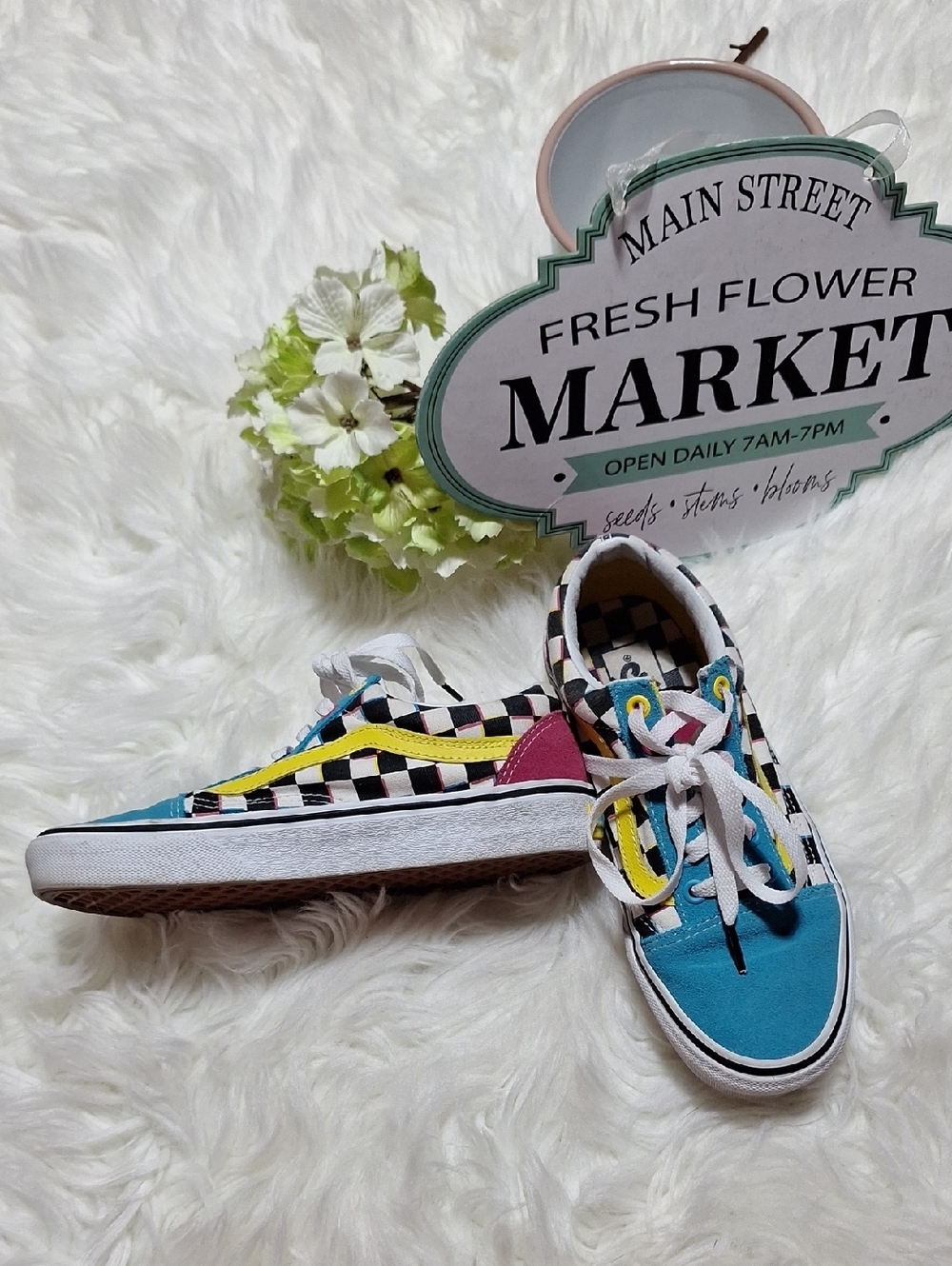 Vans Checkerboard Low-Top Sneakers in Blue, Yellow, Pink & Black